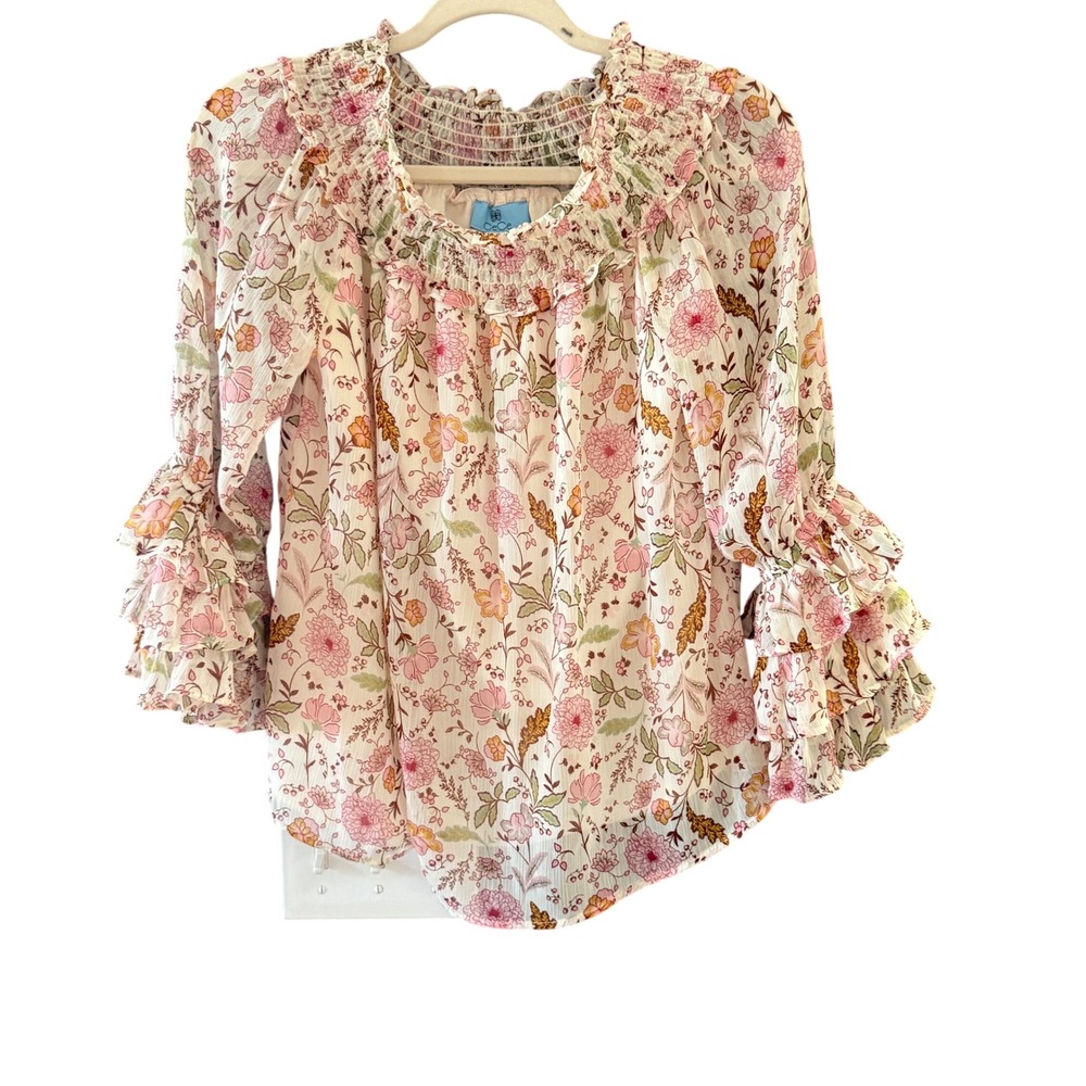 CeCe Smocked Floral Ruffle Tiered Blouse Pink Small Romantic Feminine Coquette - Picture 1 of 8